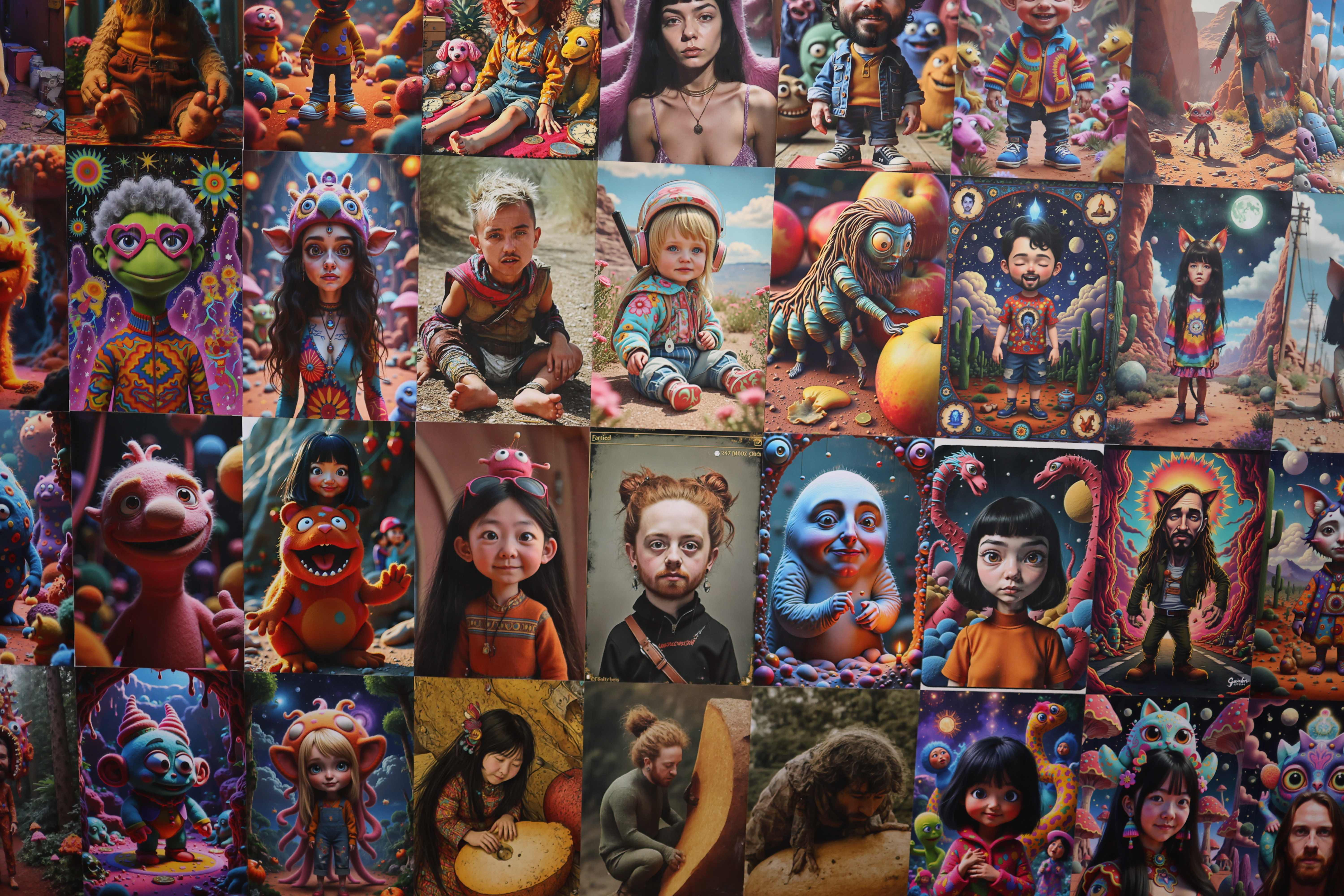 A large collage of many different colorful AI-generated images and characters.